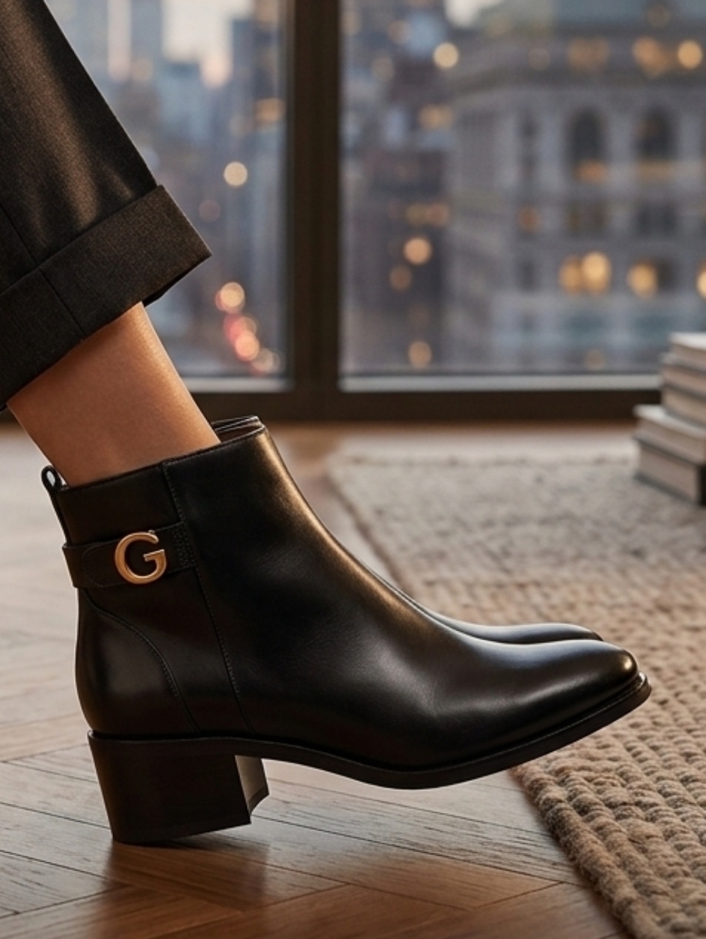 Cole Haan Black Leather Ankle Boot with Gold Hardware